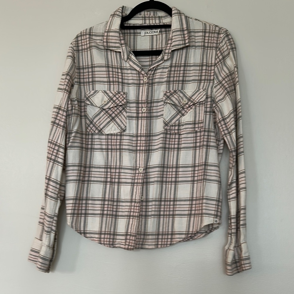 Volcom Women's Plaid Button Down Shirt - Gray and Pink